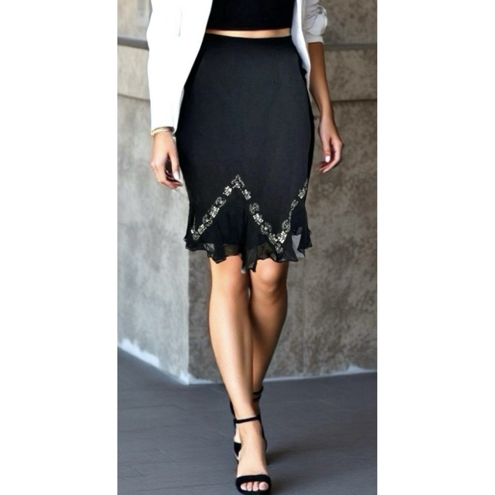 Bianca Nygard 100% Silk Beaded Ruffle Skirt Whimsigoth Boho Women's Size 16